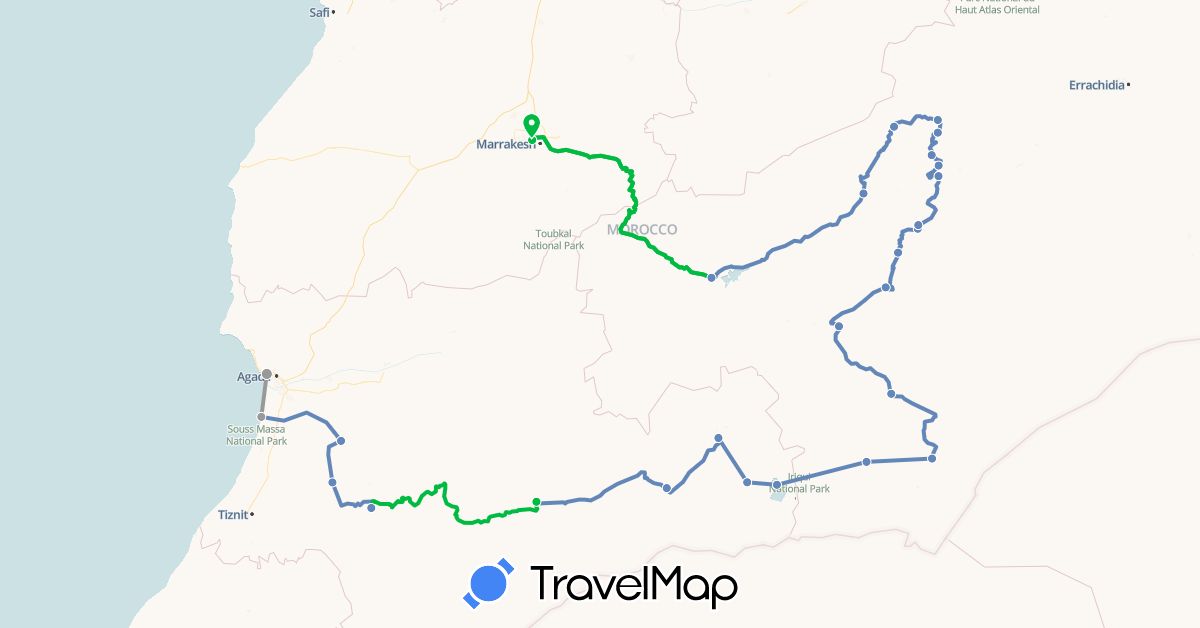 TravelMap itinerary: bus, plane, cycling in Morocco (Africa)